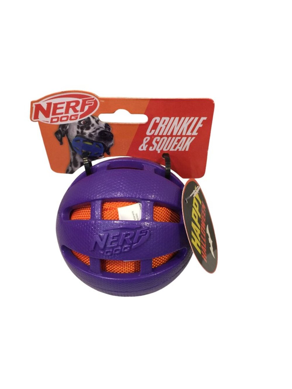 NERF Dog Crinkle & Squeak Happy Halloween Purple Orange Ball